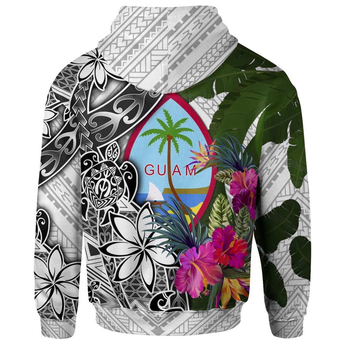 Guam Zip up Hoodie White Turtle Plumeria Banana Leaf - Polynesian Pride