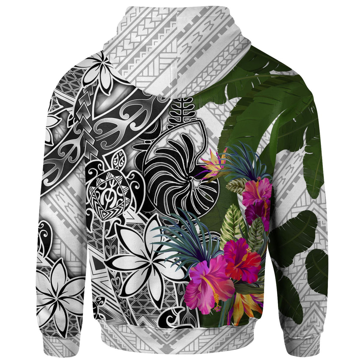 New Caledonia Hoodie White Turtle Plumeria Banana Leaf - Polynesian Pride