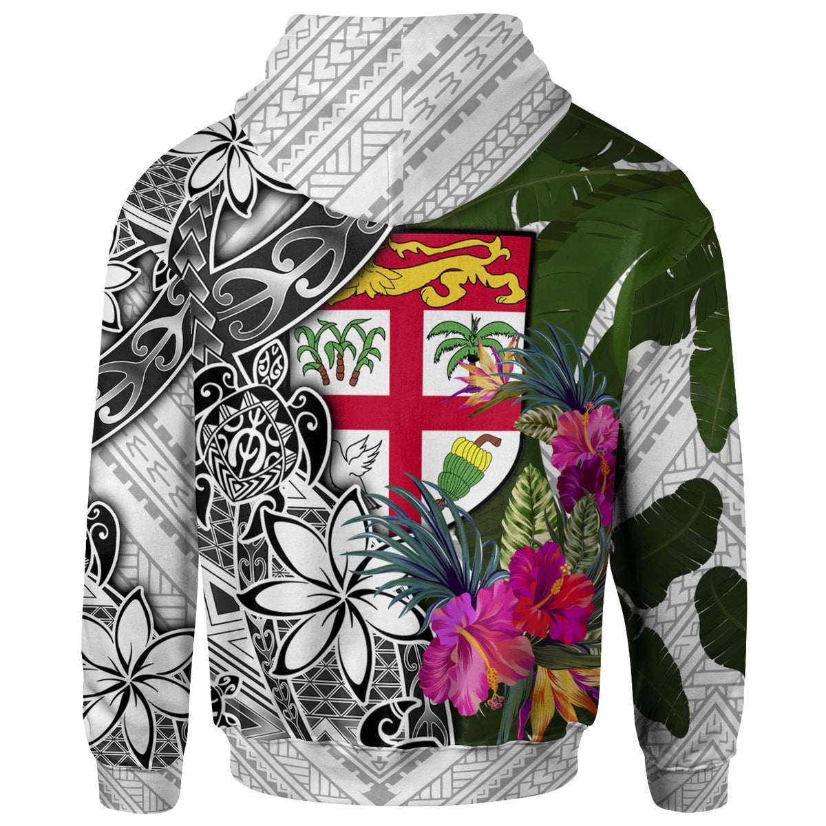 Fiji Zip up Hoodie White Turtle Plumeria Banana Leaf - Polynesian Pride