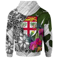 Fiji Zip up Hoodie White Turtle Plumeria Banana Leaf - Polynesian Pride
