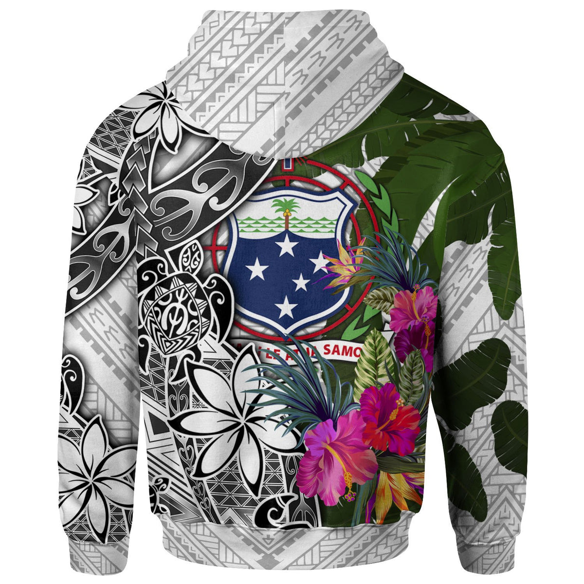 Samoa Zip up Hoodie White Turtle Plumeria Banana Leaf - Polynesian Pride