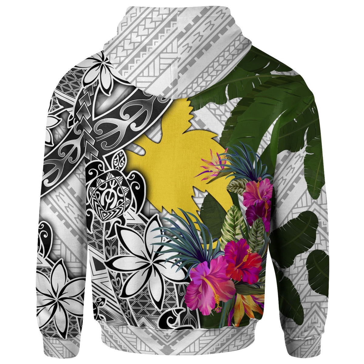 Papua New Guinea Hoodie White Turtle Plumeria Banana Leaf - Polynesian Pride