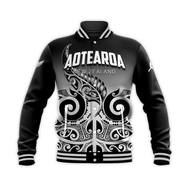 (Custom Personalised) New Zealand Rugby Baseball Jacket - Maori Fern Black style LT6 Unisex Black - Polynesian Pride