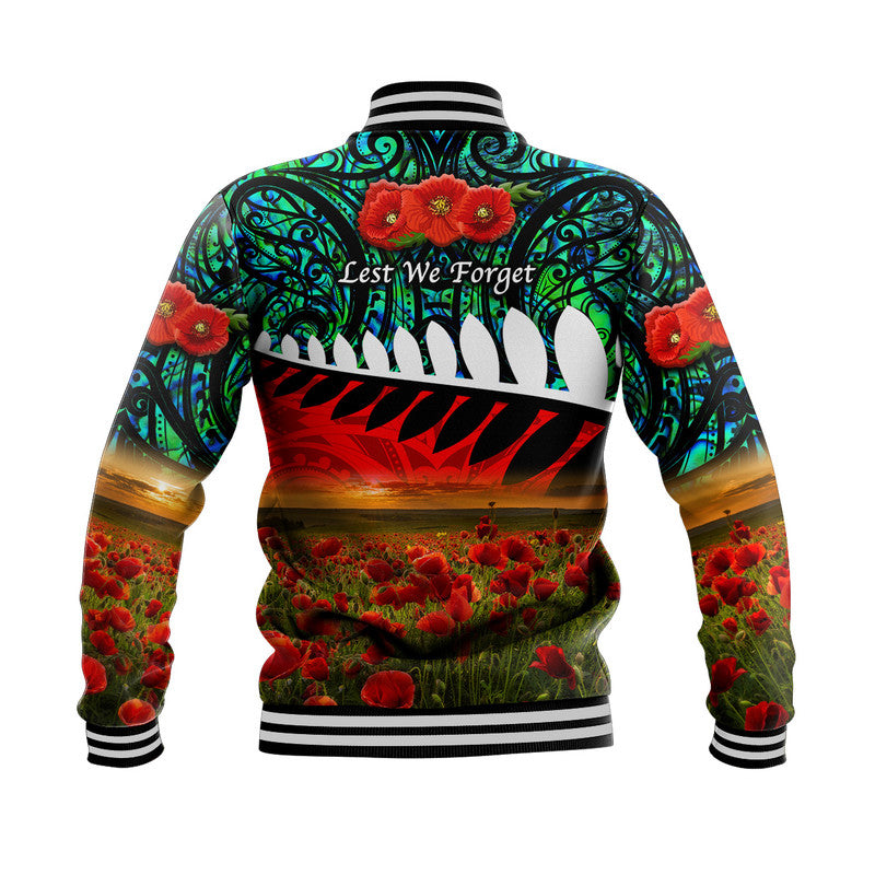 New Zealand Maori ANZAC Baseball Jacket Poppy Vibes - Turquoise LT8 - Polynesian Pride