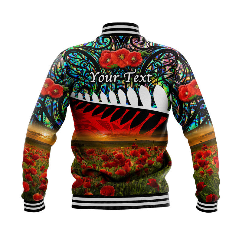 (Custom Personalised) New Zealand Maori ANZAC Baseball Jacket Poppy Vibes - Paua Shell LT8 - Polynesian Pride