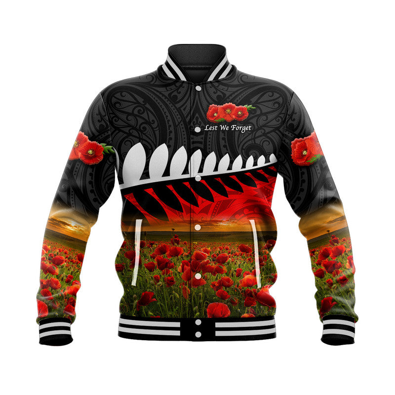 (Custom Personalised) New Zealand Maori ANZAC Baseball Jacket Poppy Vibes - Black LT8 Unisex Black - Polynesian Pride