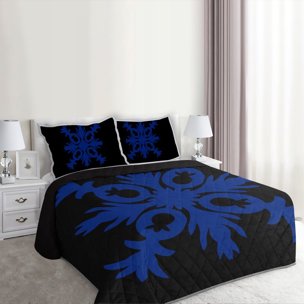 Hawaiian Royal Pattern Quilt Bed Set - Black And Blue - F2 Style - AH - Polynesian Pride