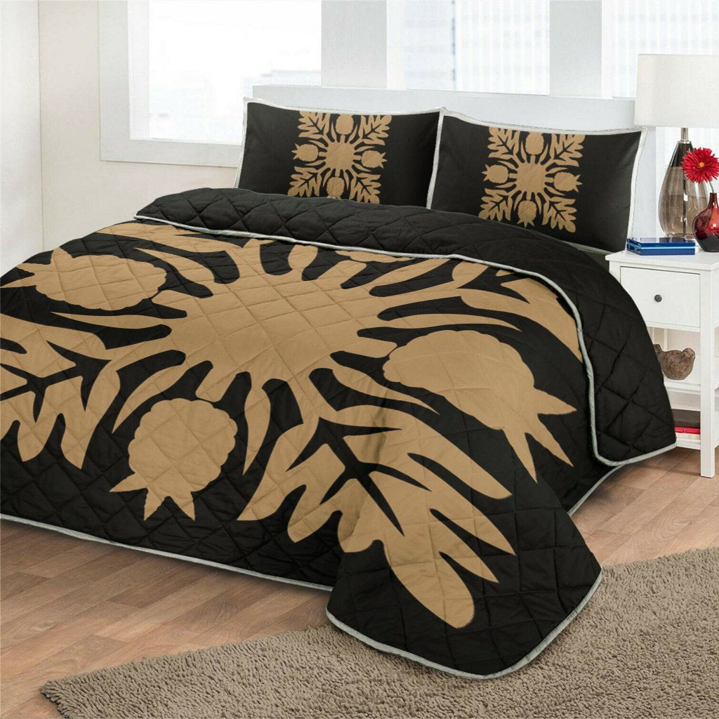 Hawaiian Royal Pattern Quilt Bed Set - Black And Gold - N1 Style - AH - Polynesian Pride