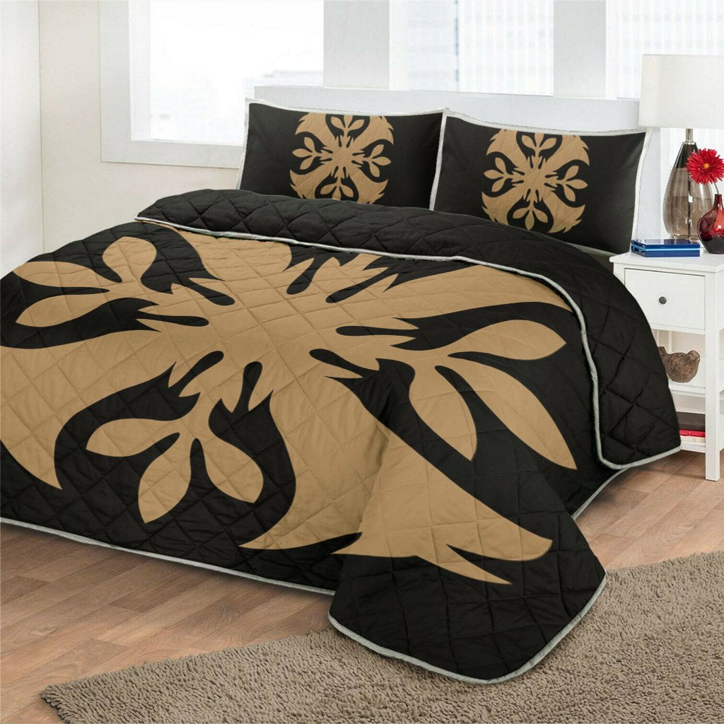 Hawaiian Royal Pattern Quilt Bed Set - Black And Gold - F3 Style - AH - Polynesian Pride
