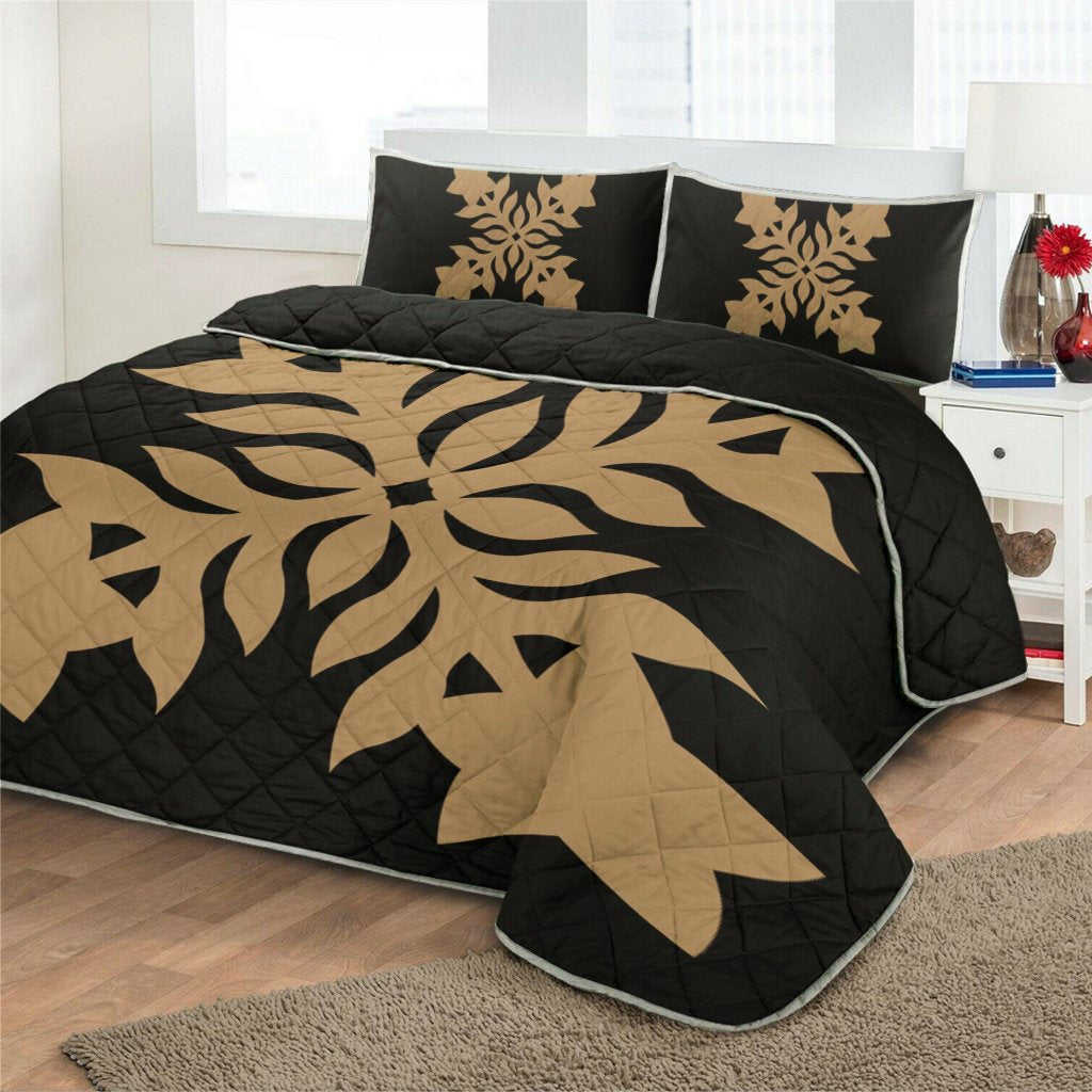 Hawaiian Royal Pattern Quilt Bed Set - Black And Gold - E2 Style - AH - Polynesian Pride