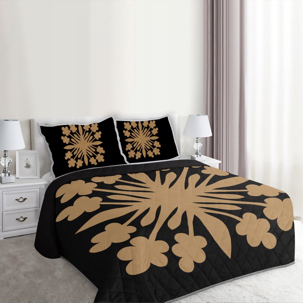 Hawaiian Royal Pattern Quilt Bed Set - Black And Gold - G2 Style - AH - Polynesian Pride