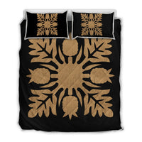 Hawaiian Royal Pattern Quilt Bed Set - Black And Gold - N1 Style - AH Gold - Polynesian Pride