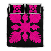 Hawaiian Royal Pattern Quilt Bed Set - Black And Pink - B1 Style - AH Art - Polynesian Pride