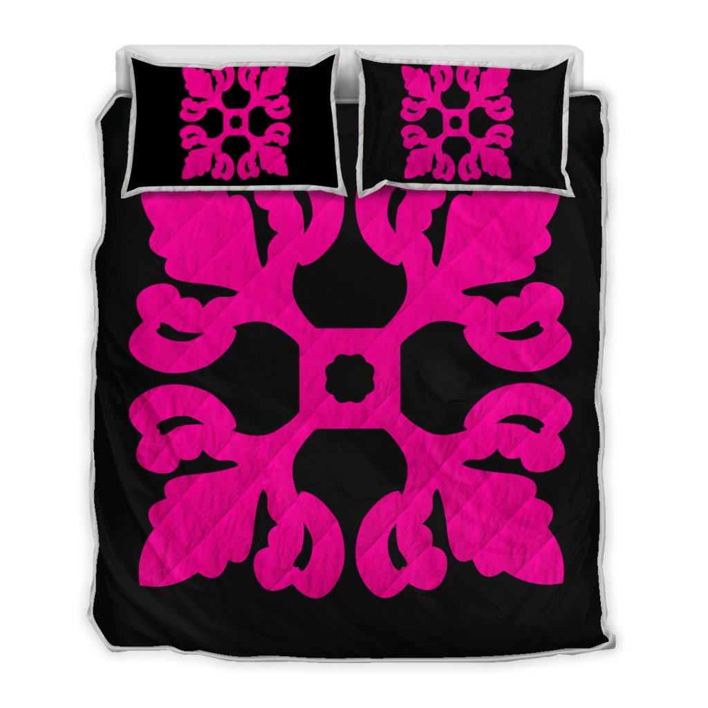 Hawaiian Royal Pattern Quilt Bed Set - Black And Pink - M1 Style - AH Art - Polynesian Pride