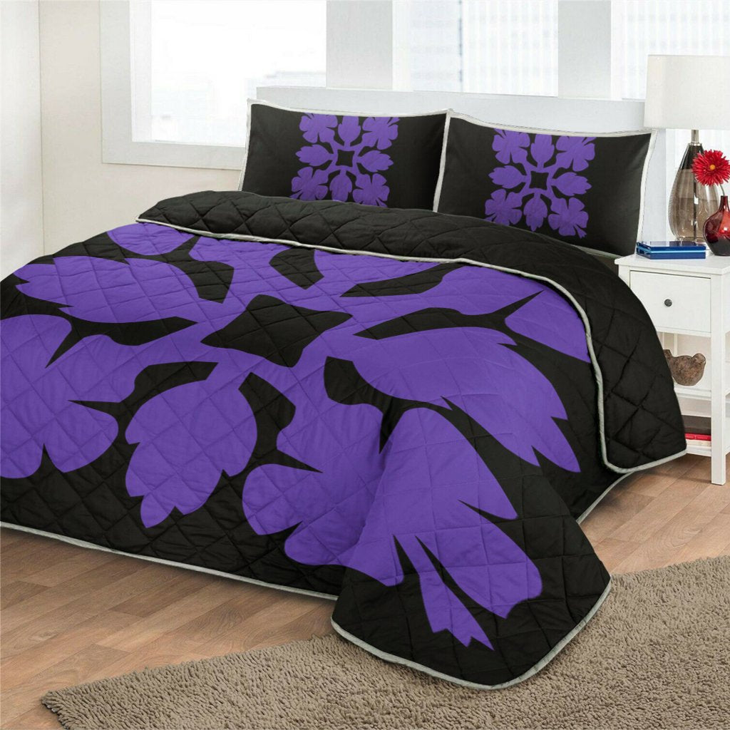 Hawaiian Royal Pattern Quilt Bed Set - Black And Purple - C1 Style - AH - Polynesian Pride