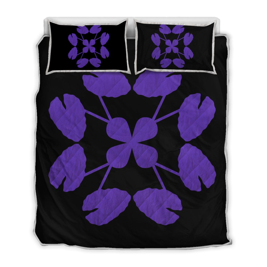 Hawaiian Royal Pattern Quilt Bed Set - Black And Purple - D3 Style Art - Polynesian Pride