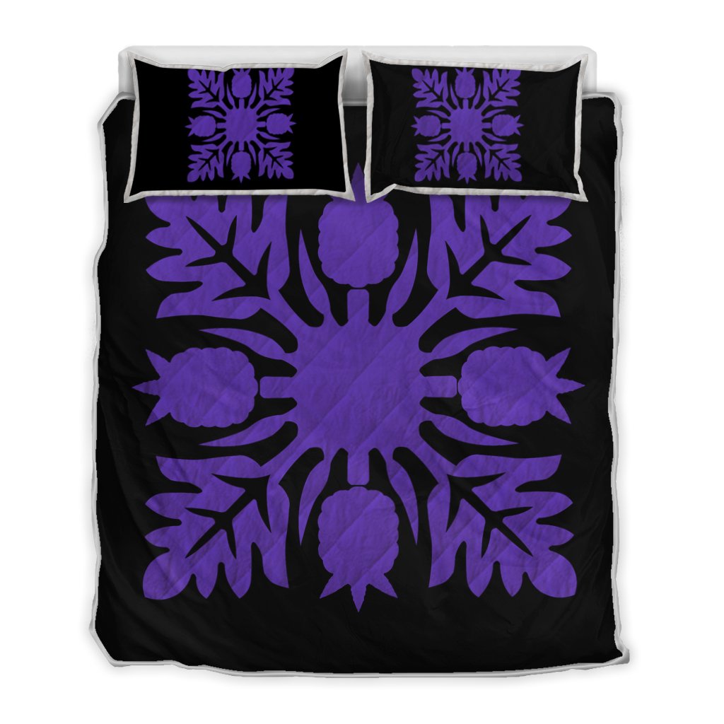 Hawaiian Royal Pattern Quilt Bed Set - Black And Purple - N1 Style - AH Art - Polynesian Pride