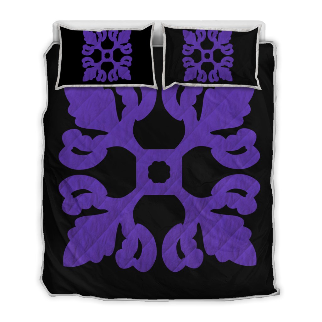 Hawaiian Royal Pattern Quilt Bed Set - Black And Purple - M1 Style - AH Art - Polynesian Pride