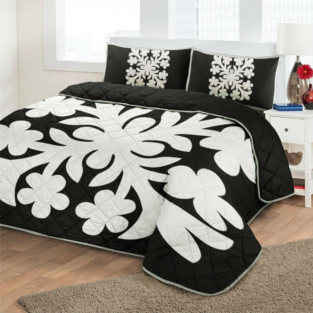 Hawaiian Royal Pattern Quilt Bed Set - Black And White - E1 Style - AH - Polynesian Pride