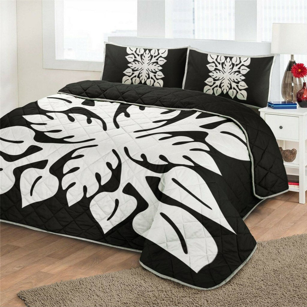 Hawaiian Royal Pattern Quilt Bed Set - Black And White - M2 Style - AH - Polynesian Pride