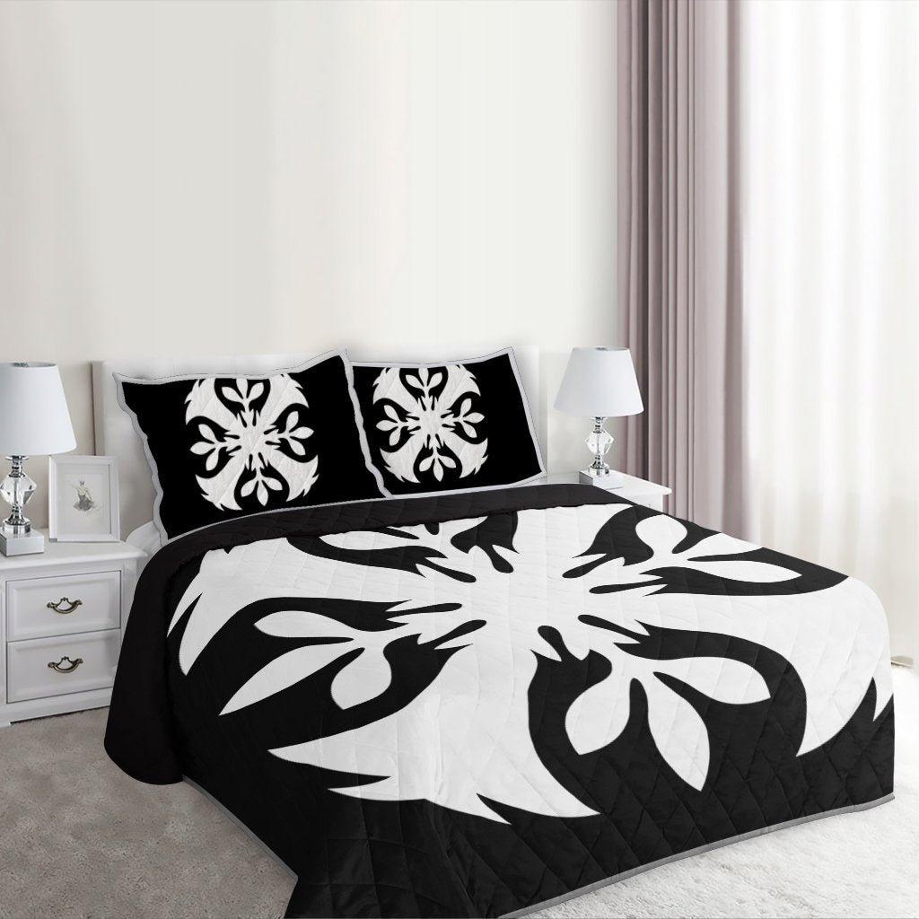 Hawaiian Royal Pattern Quilt Bed Set - Black And White - F3 Style - AH - Polynesian Pride