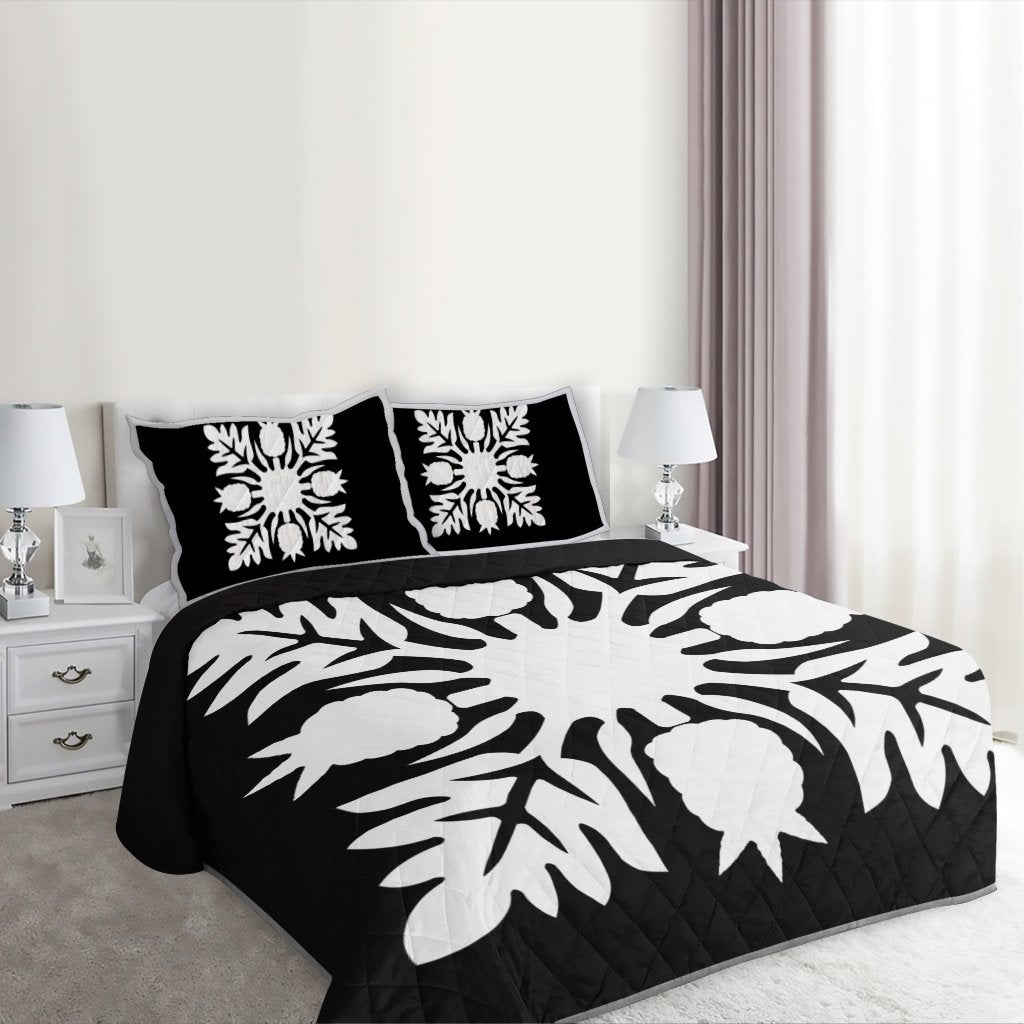 Hawaiian Royal Pattern Quilt Bed Set - Black And White - N1 Style - AH - Polynesian Pride