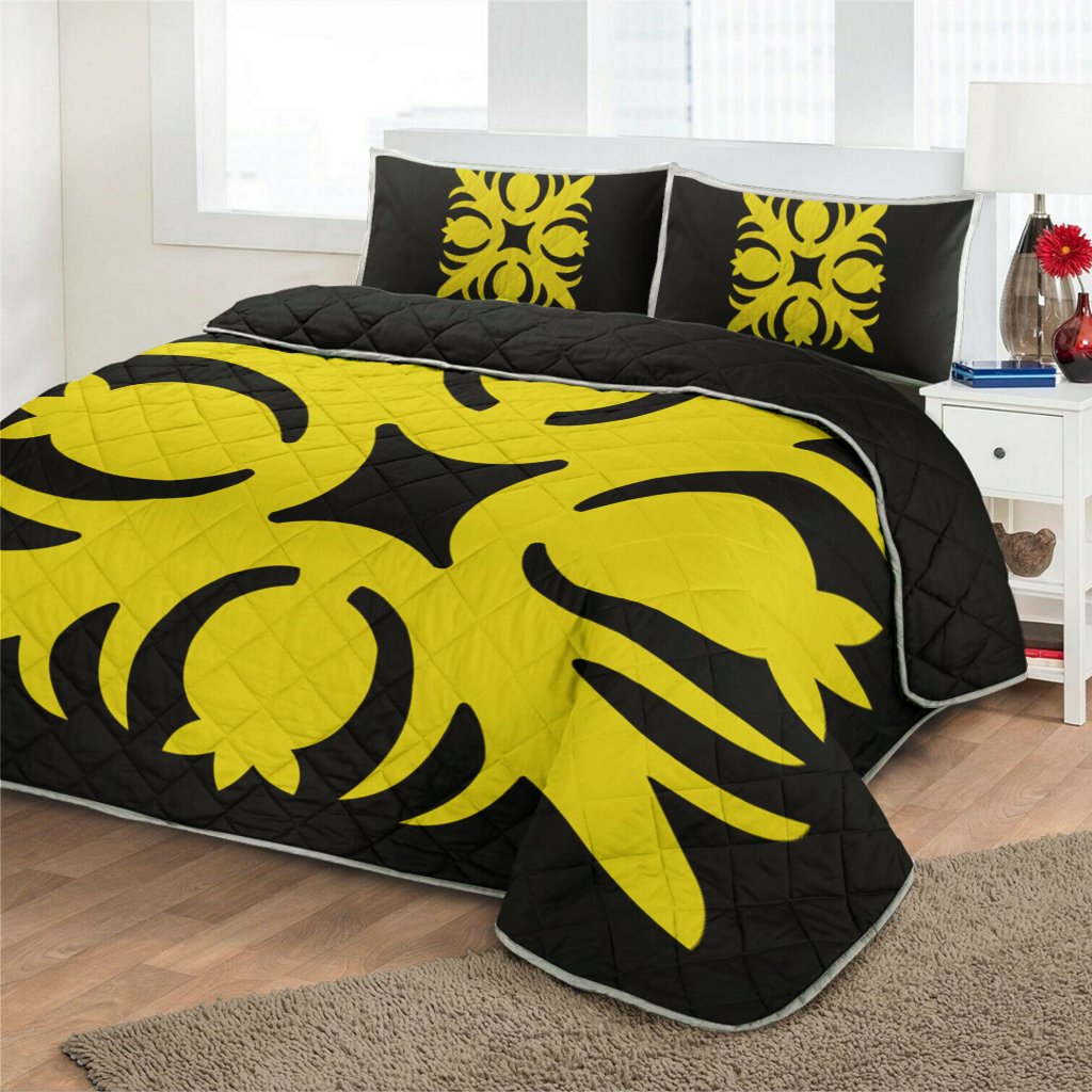 Hawaiian Royal Pattern Quilt Bed Set - Black And Yellow - I1 Style - AH - Polynesian Pride