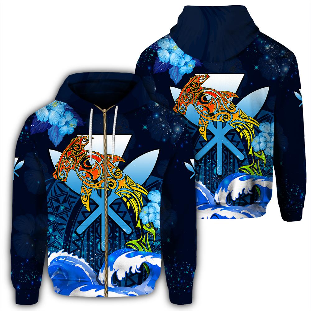 Kanaka Hammerhead Sharks Polynesian Hibiscus Hoodie Zip Bloom Unisex Blue - Polynesian Pride