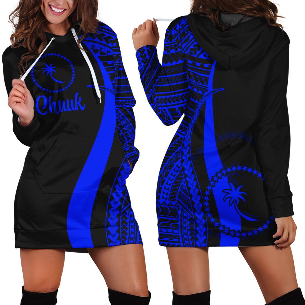 Chuuk Women's Hoodie Dress - Blue Polynesian Tentacle Tribal Pattern Blue - Polynesian Pride