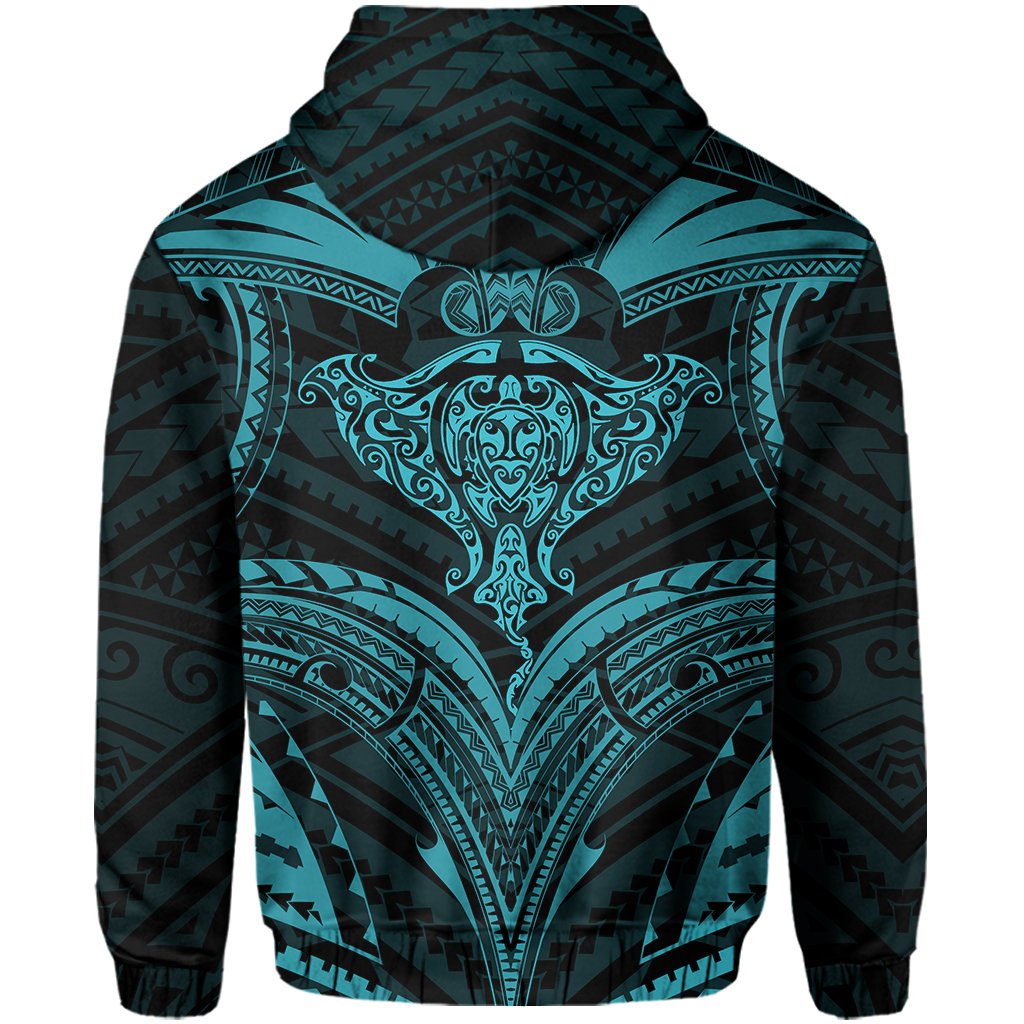 Polynesian Kanaka Shark Turtle Manta Ray Map of Hawaii Zip Hoodie Blue - Polynesian Pride