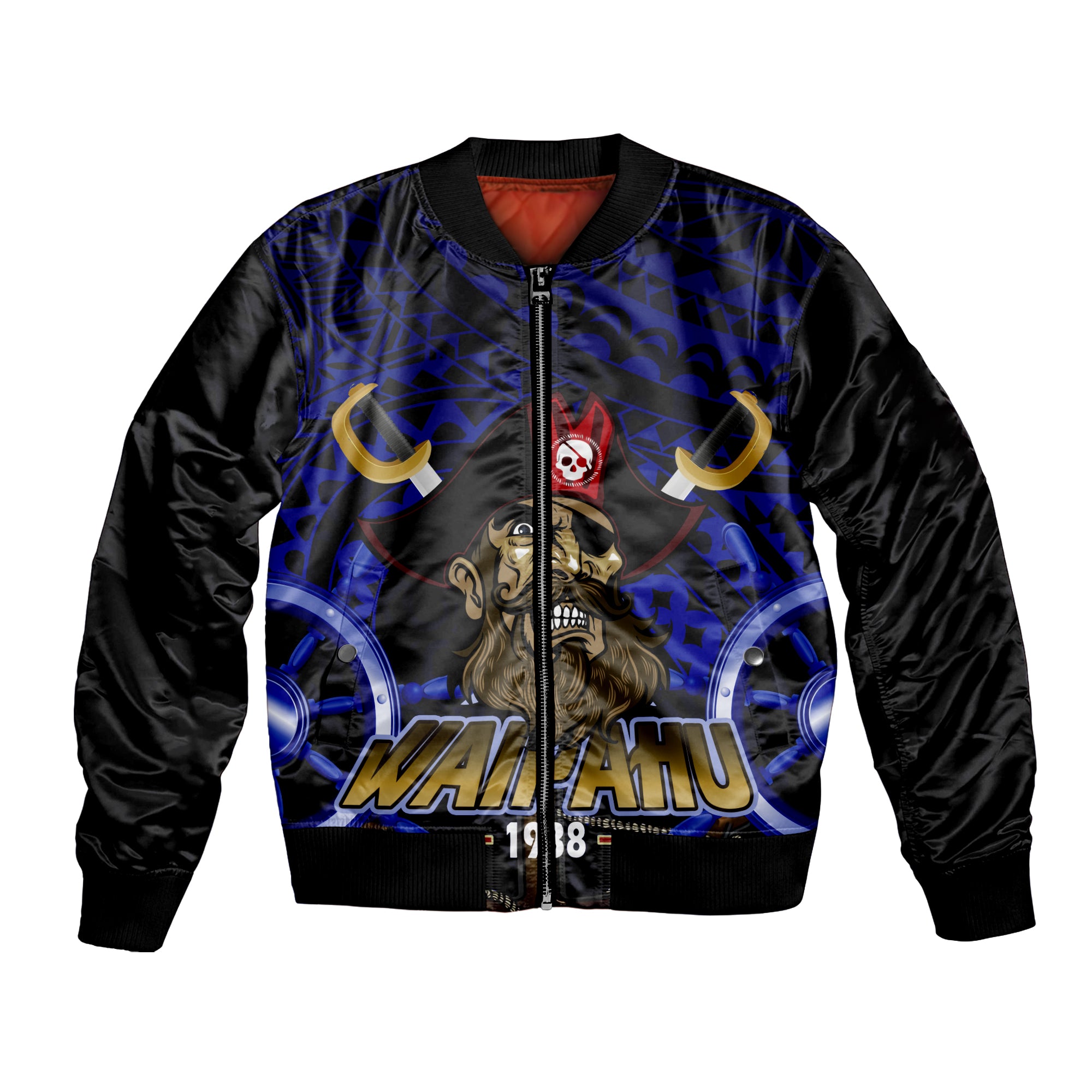 Hawaii Custom Personalised Bomber Jacket - Waipahu High School Marauders Pirates Polynesian Tribal Pattern-Navy Blue LT6 Unisex Blue - Polynesian Pride