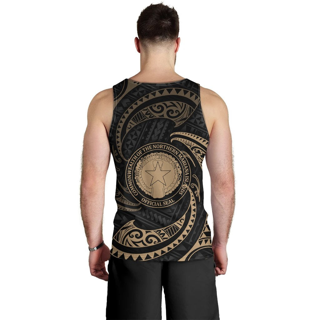 Northern Mariana Islands Polynesian Custom Personalised Men's Tank Top - Gold Tribal Wave - Polynesian Pride