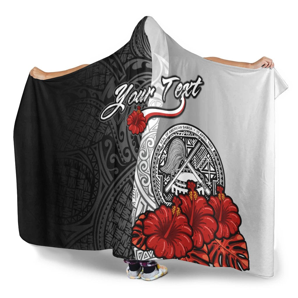 American Samoa Polynesian Custom Personalised Hooded Blanket - Coat Of Arm With Hibiscus White - Polynesian Pride