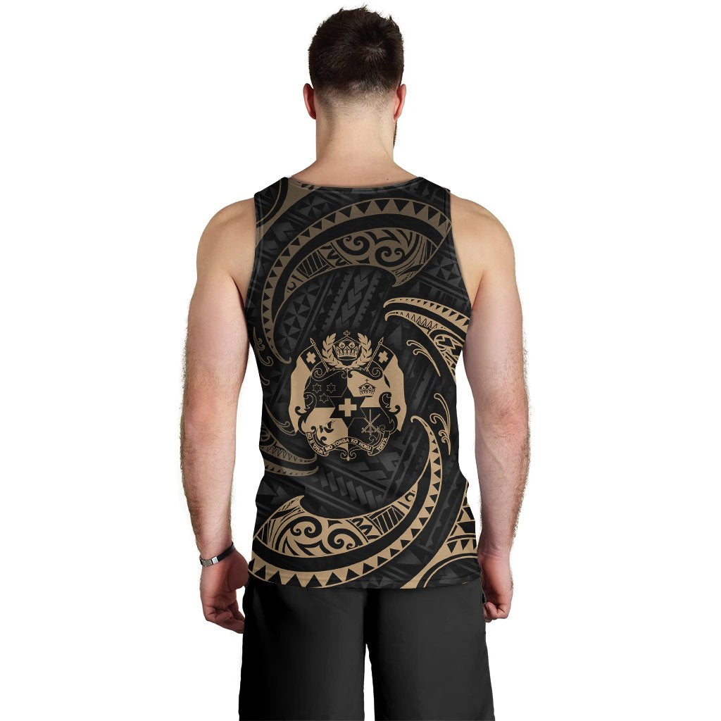 Tonga Polynesian Custom Personalised Men's Tank Top - Gold Tribal Wave - Polynesian Pride