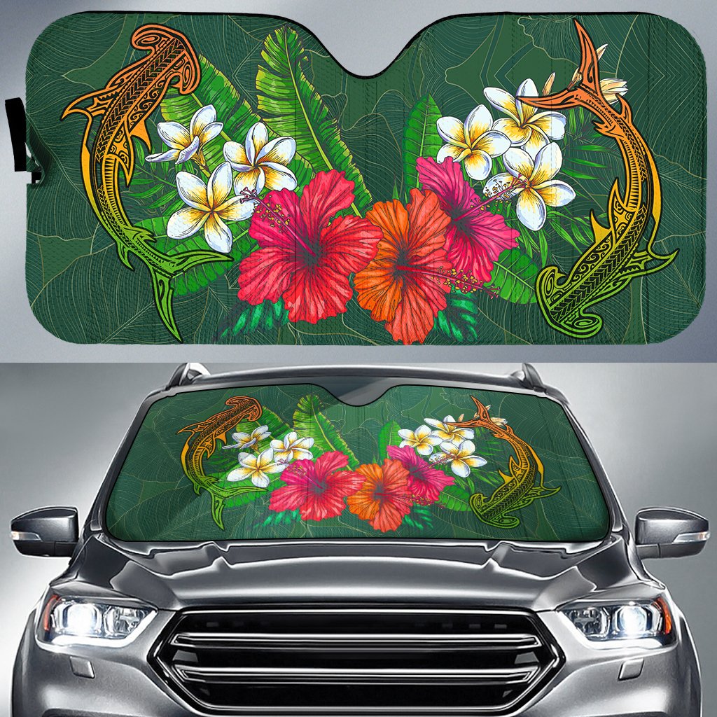 Hawaii Shark Hibiscus Tropical Polynesian Car Sun Shade - Arian Style - AH Auto Sun Shade Universal Fit Green - Polynesian Pride