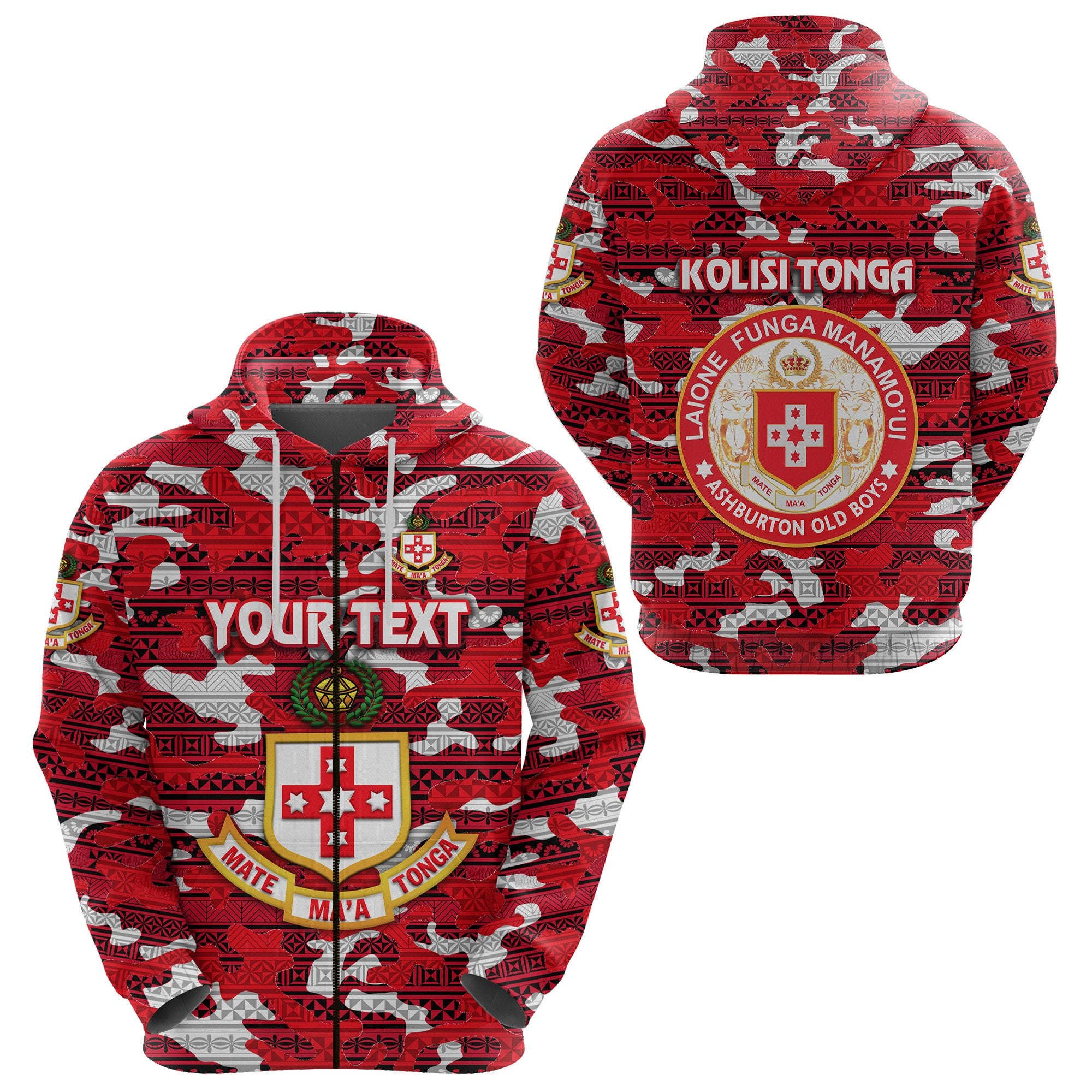 Custom Kolisi Tonga Zip Hoodie Mate Maa Tonga Camouflage Vibes Ashburton Old Boys, Custom Text and Number Unisex Red - Polynesian Pride