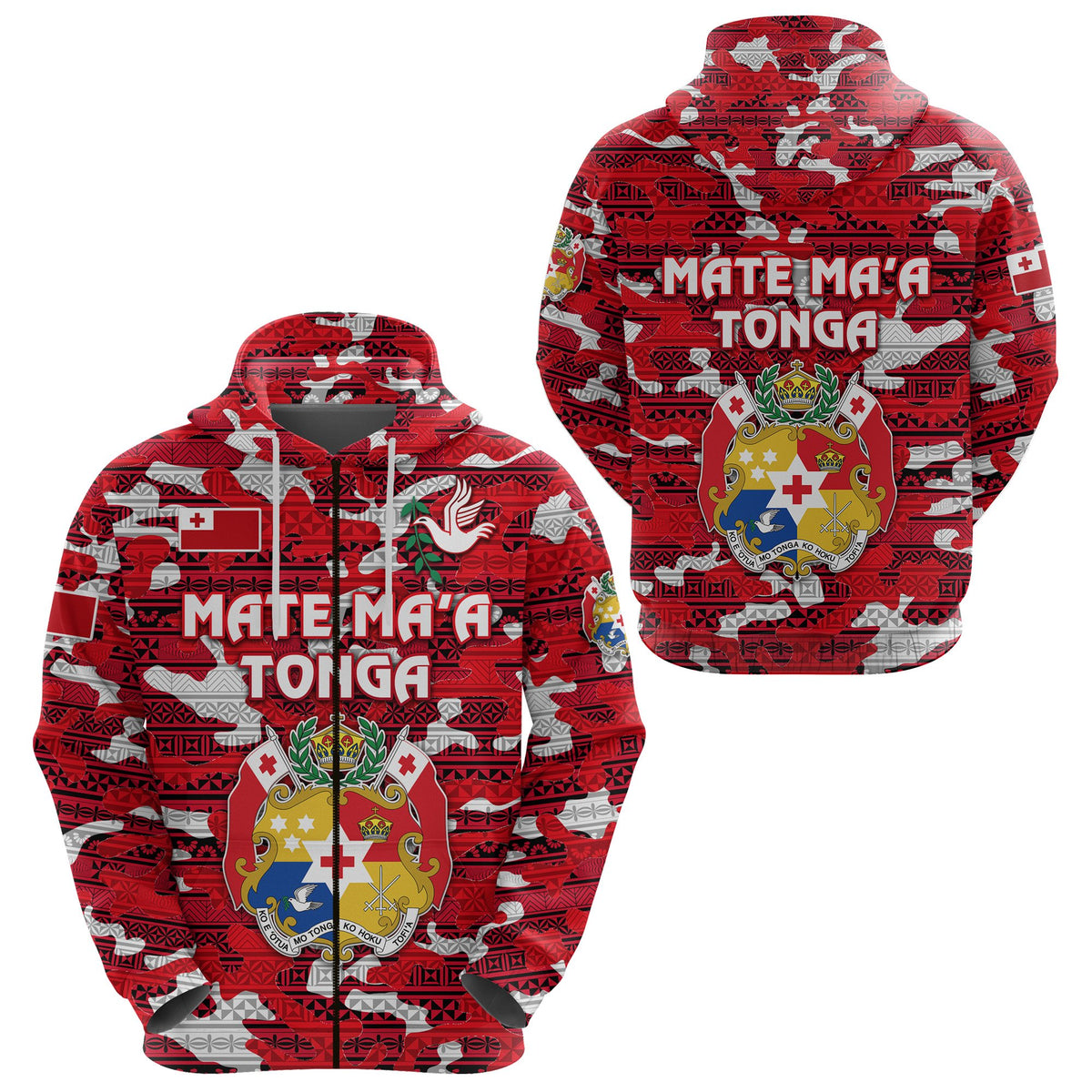 Custom Kolisi Tonga Zip Hoodie Mate Maa Tonga Camouflage Vibes Coat of Arms Unisex Red - Polynesian Pride