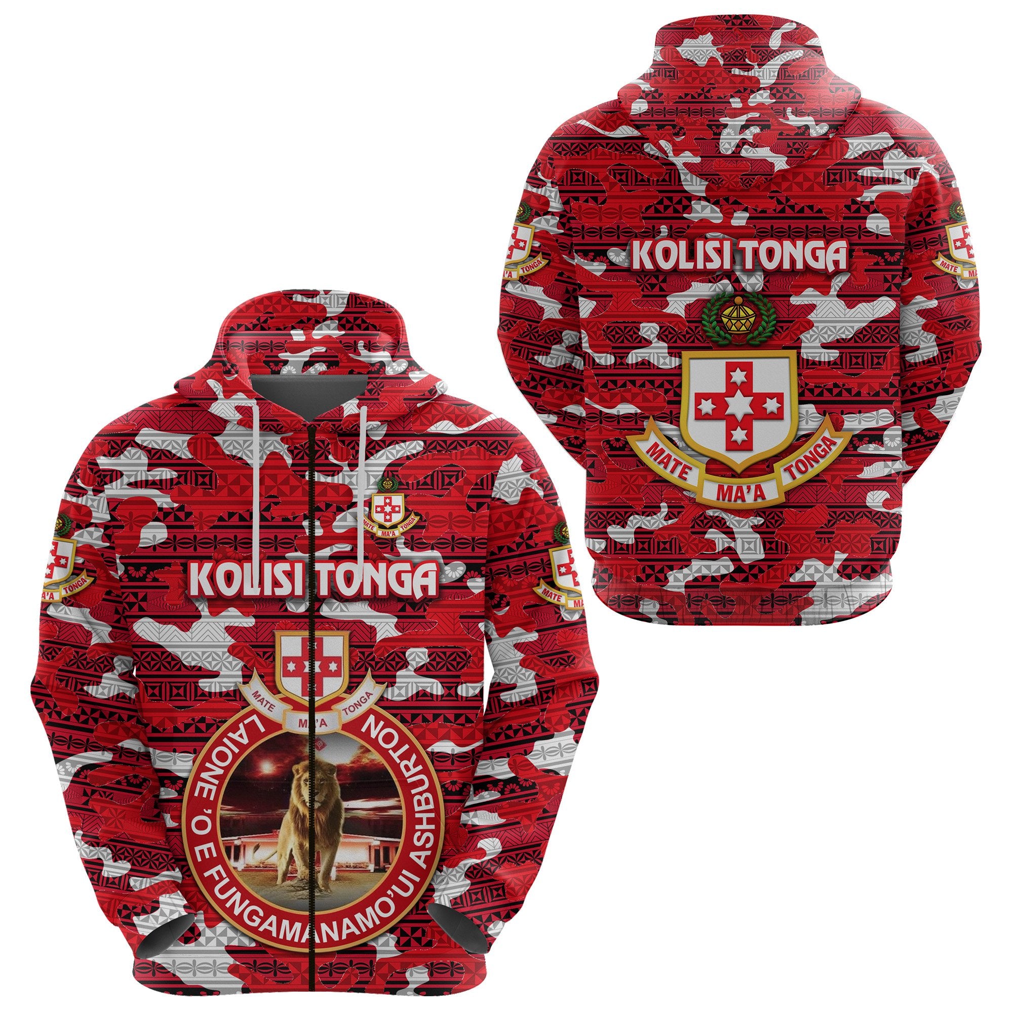 Kolisi Tonga Zip Hoodie Mate Maa Tonga Camouflage Vibes Lion Ashburton Unisex Red - Polynesian Pride