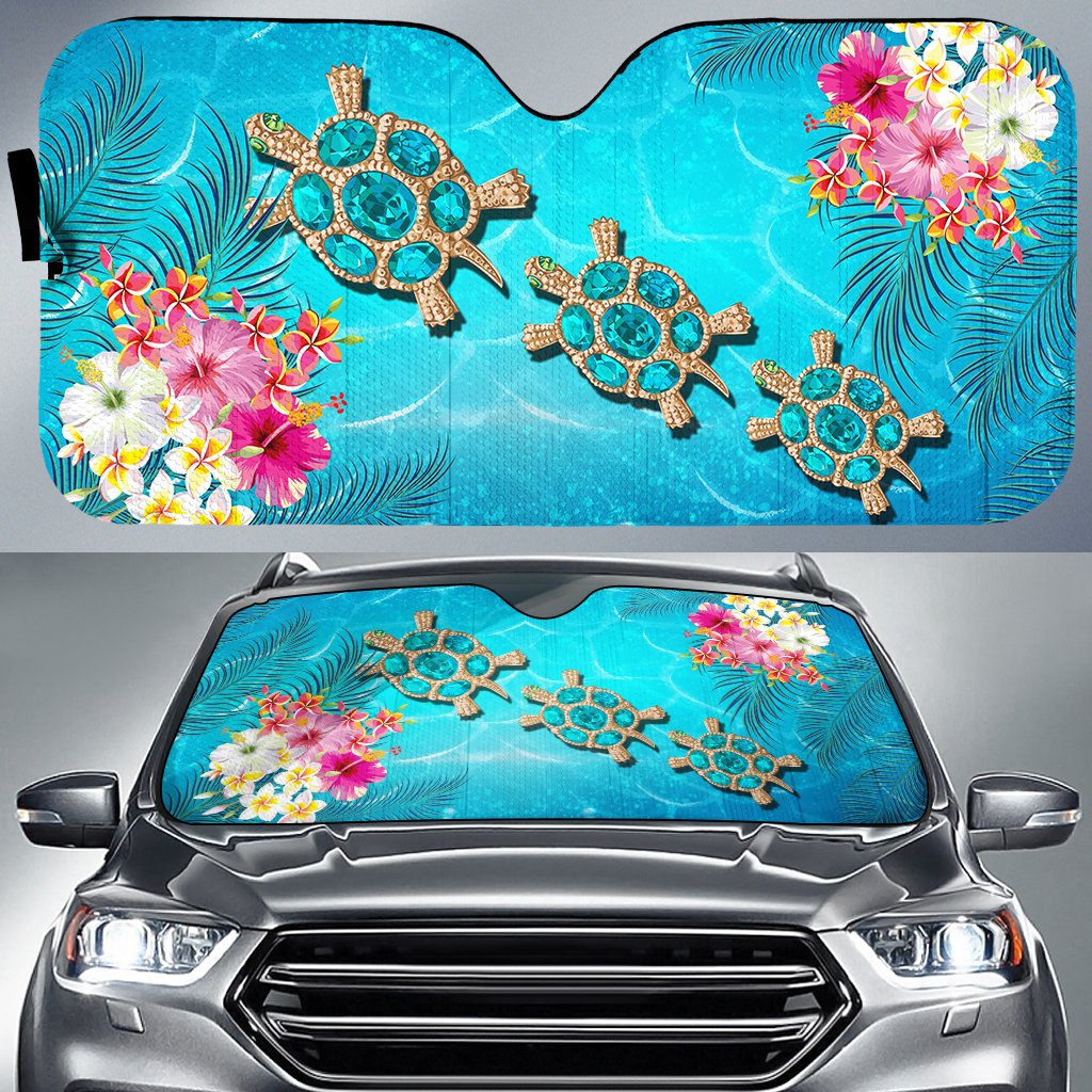 Hawaii Turtle Ocean Tropical Flowers Car Sun Shade - Siri Style - AH Auto Sun Shade Universal Fit Blue - Polynesian Pride