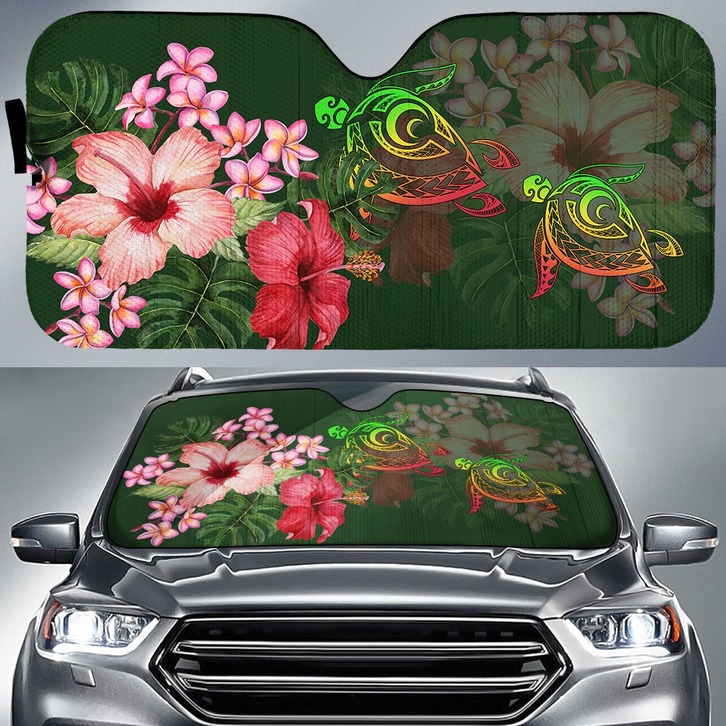 Hawaii Turtle Tropical Flower Car Sun Shade - Deni Style - AH Auto Sun Shade Universal Fit Green - Polynesian Pride