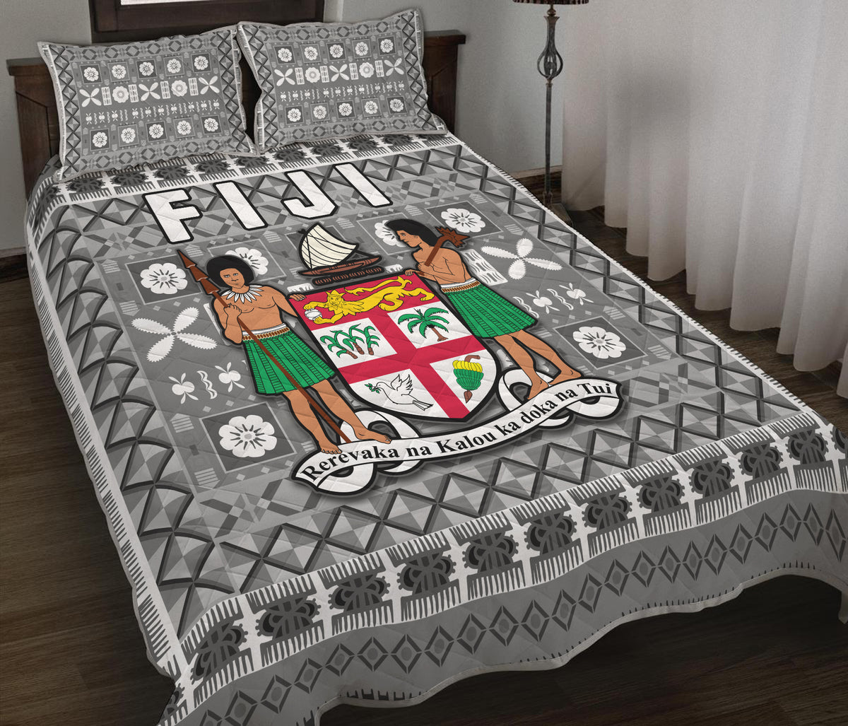 Fiji Quilt Bed Set Pattern - Fijian Tapa Pattern Grey LT13 - Polynesian Pride