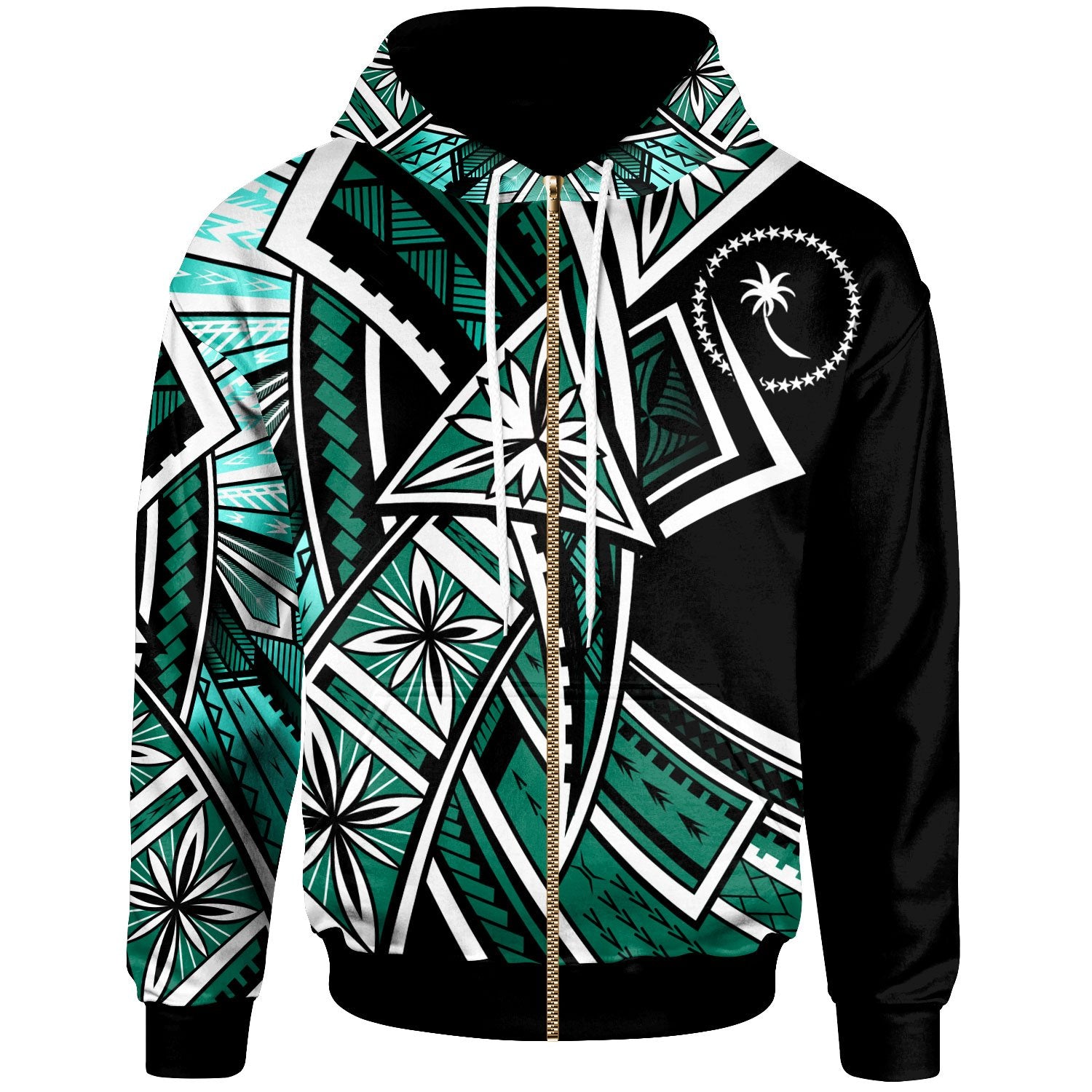 Chuuk Zip Hoodie Tribal Flower Special Pattern Green Color Unisex Green - Polynesian Pride