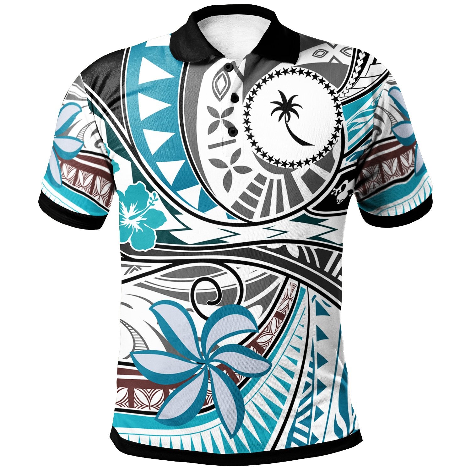 Chuuk Polo Shirt Flower and Flow Unisex Blue - Polynesian Pride