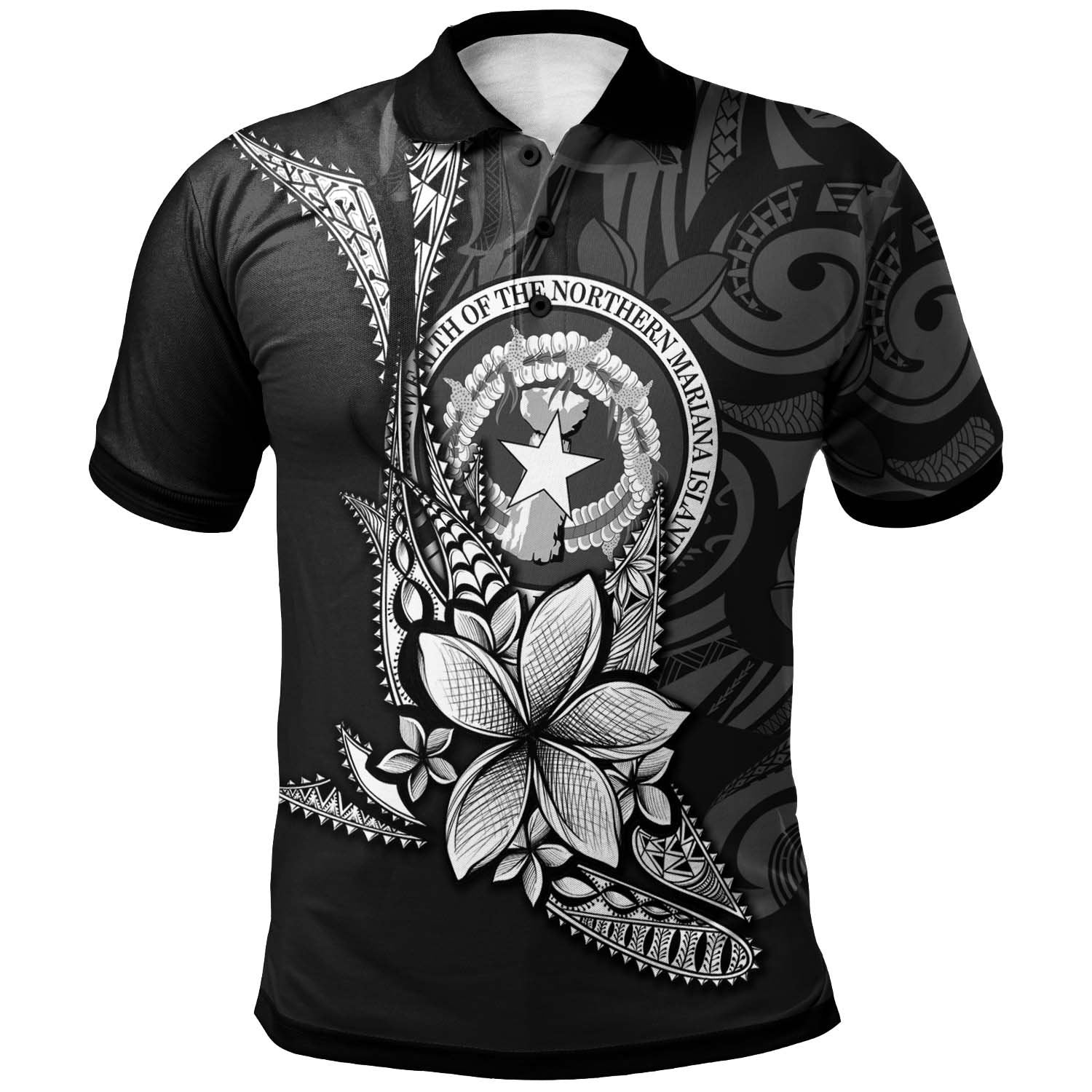 Northern Mariana Islands Polo Shirt Fish With Plumeria Flowers Style Unisex Black - Polynesian Pride