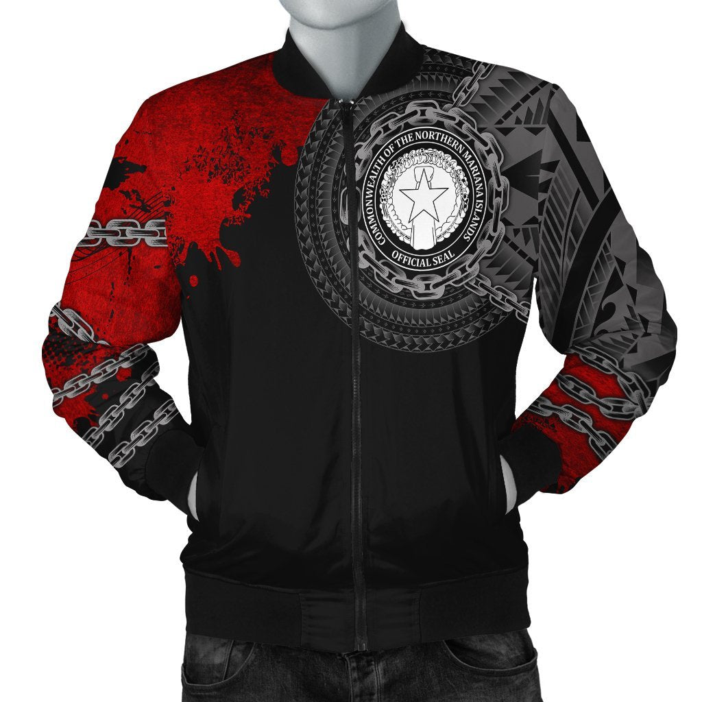 Northern Mariana Islands Polynesian Men's Bomber Jacket - Polynesian Chain Style Black - Polynesian Pride