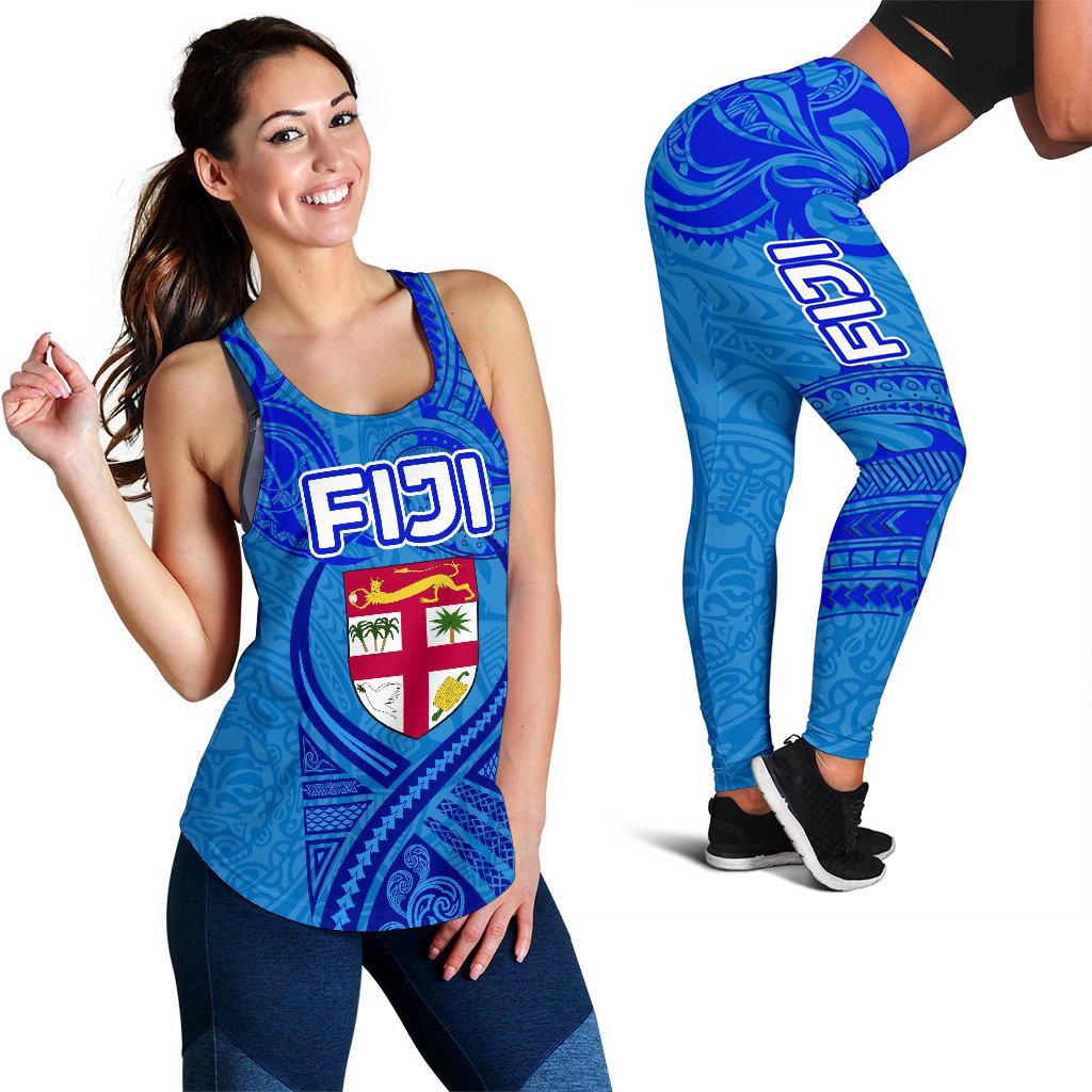 Combo Racerback Tank and Legging Blue Fiji Rugby Polynesian Waves Style - Polynesian Pride