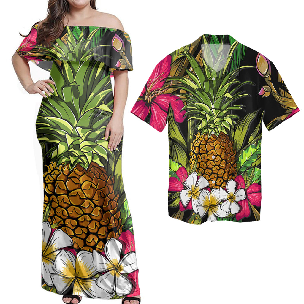 Hawaii Matching Dress and Hawaiian Shirt Hawaii Tropical Flowers Pineapple Matching Couples Outfit - Polynesian Pride