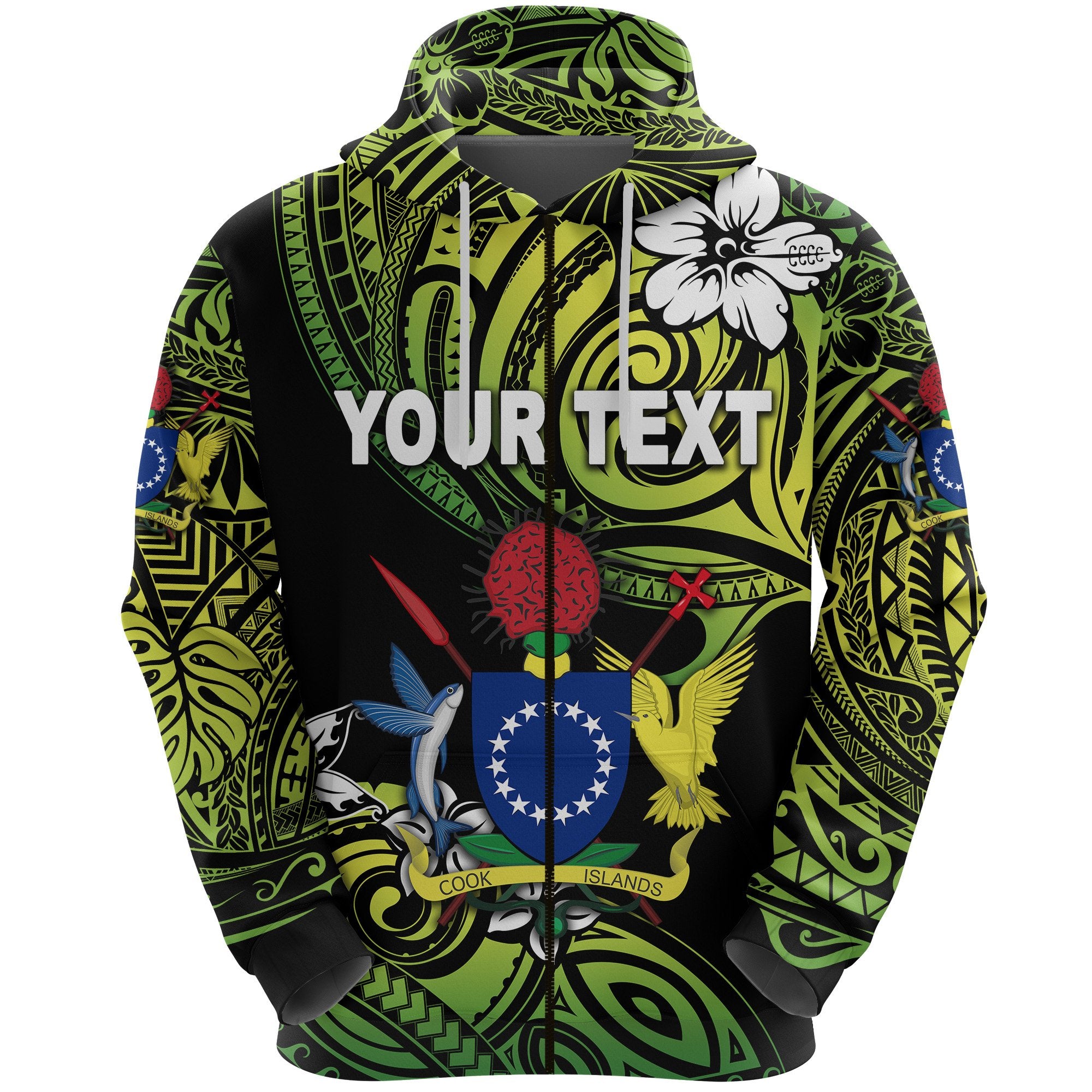 Custom Cook Islands Rugby Zip Hoodie Unique Vibes Coat of Arms Green Unisex Green - Polynesian Pride