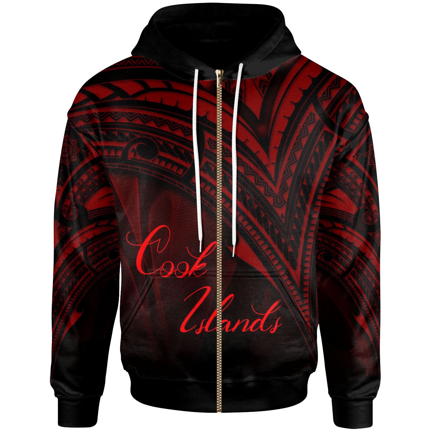 Cook Islands Zip Hoodie Red Color Cross Style Unisex Black - Polynesian Pride