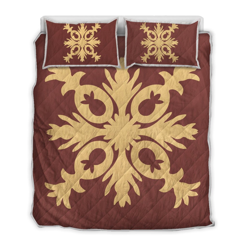 Hawaiian Royal Pattern Quilt Bed Set - Coral - F2 Style - AH Coral - Polynesian Pride